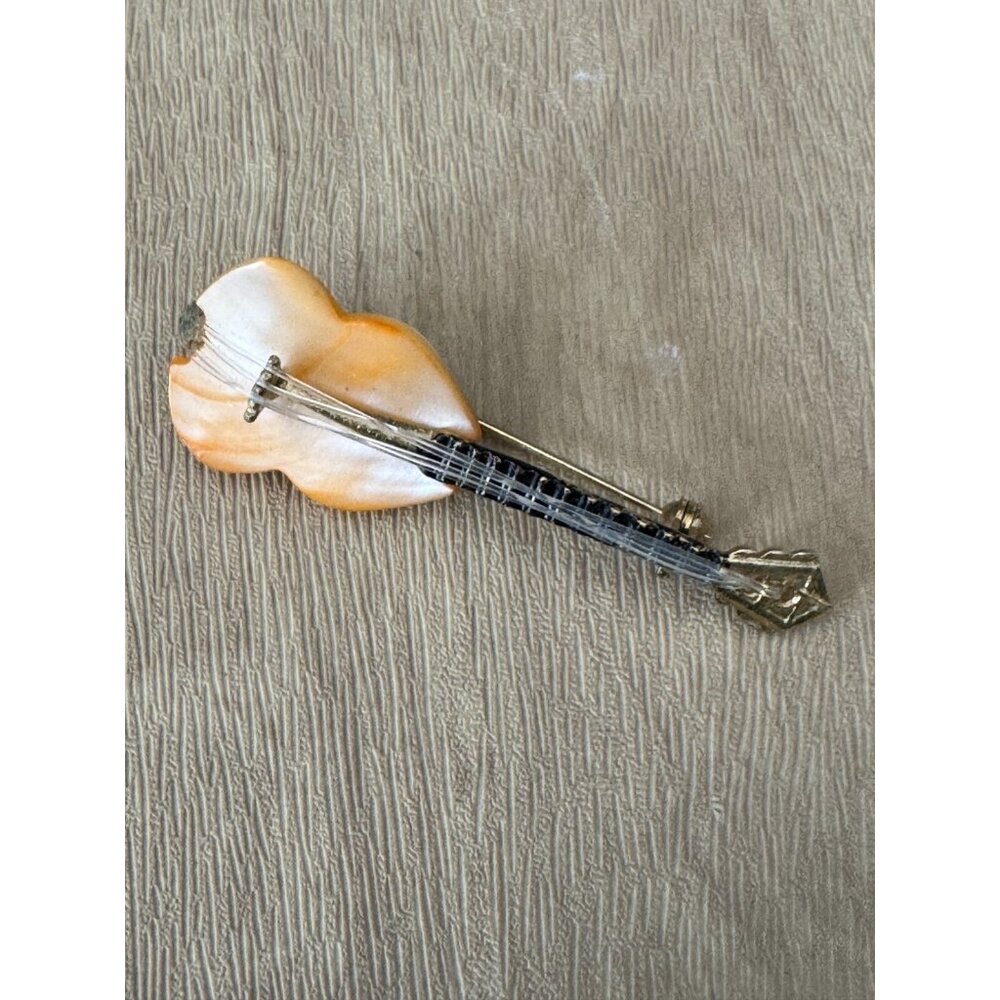 Title:  Vintage Abalone Shell Violin Brooch Gold Tone MOP Inlay 2 1/4" - Picture 2 of 5